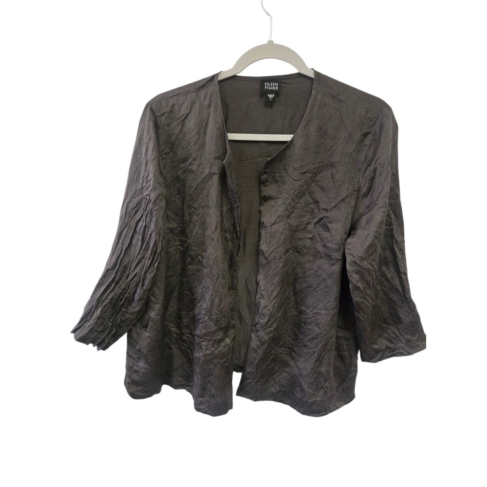 Eileen Fisher 100% Silk Crinkle Open Front Cardigan Jacket Charcoal Grey Large